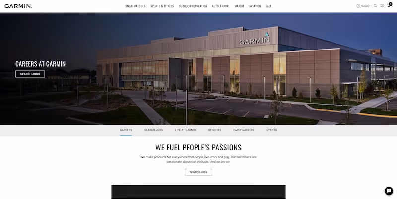 Screenshot of the official career page of Garmin