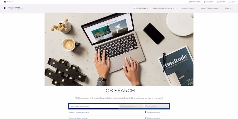 Screenshot of the official career page of Falkensteiner Hotels & Residences