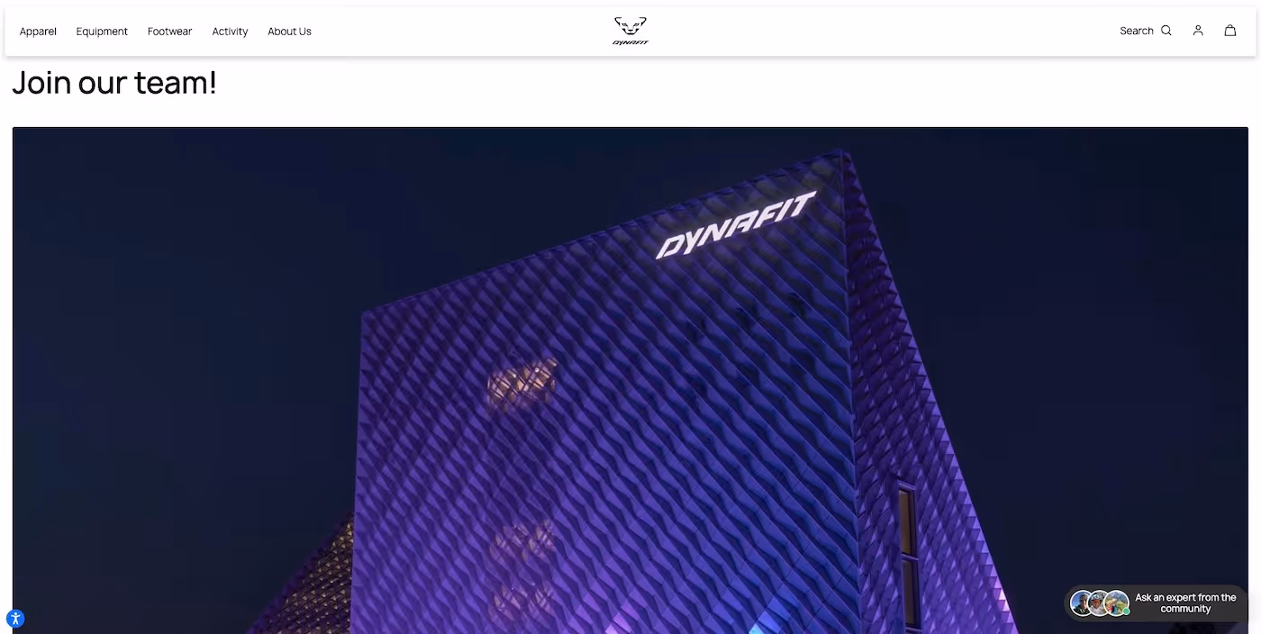 Screenshot of the official career page of Dynafit