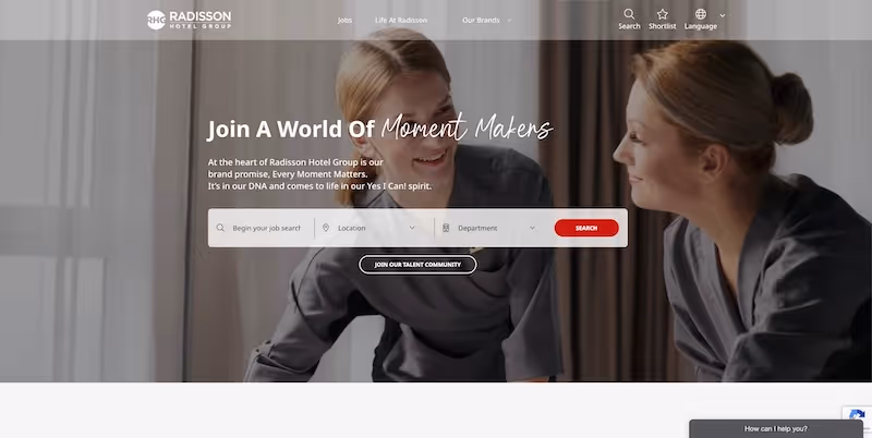 Screenshot of the official career page of Radisson Hotel Group