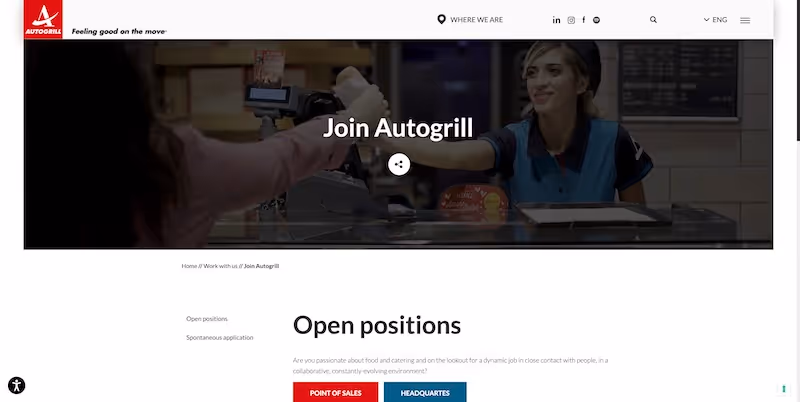 Screenshot of the official career page of Autogrill