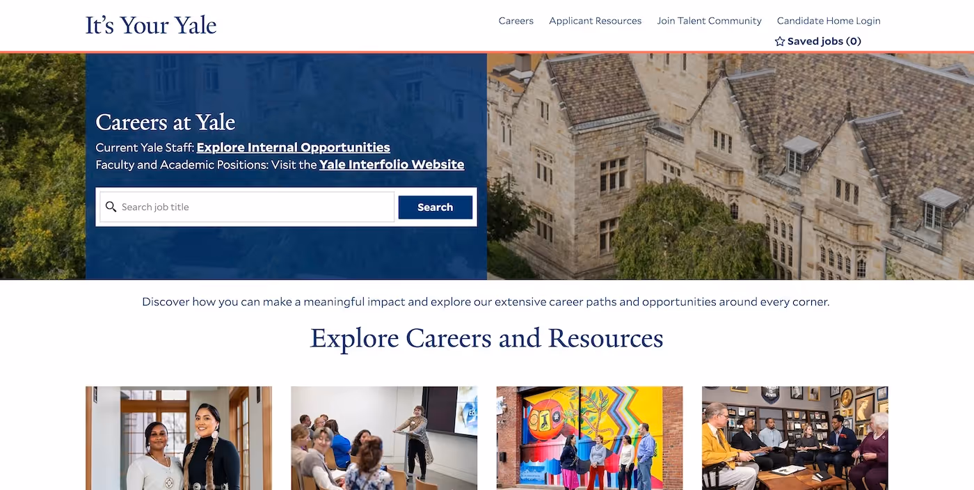 Screenshot of the official career page of Yale University