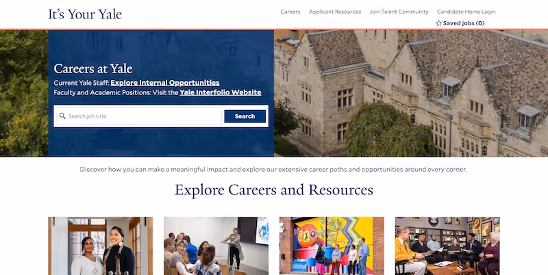 Screenshot of the official career page of Yale University