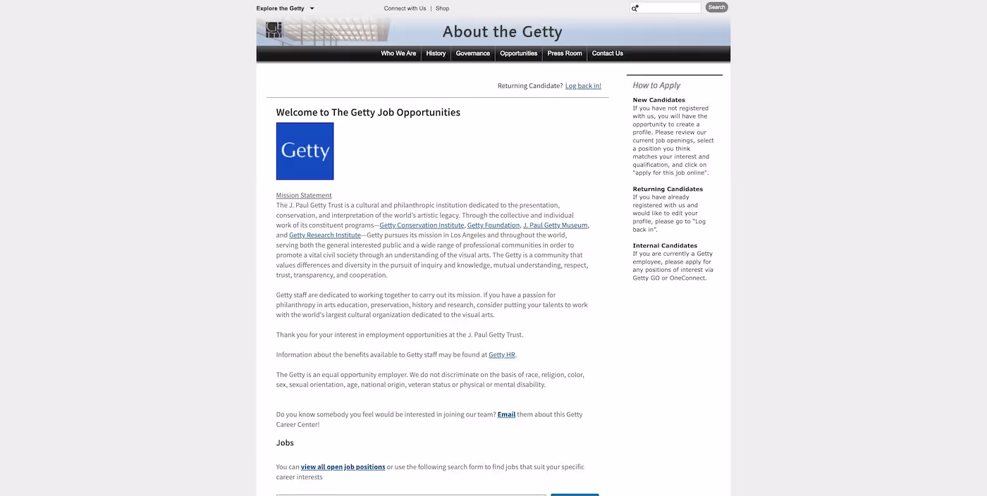 Screenshot of the official career page of Getty
