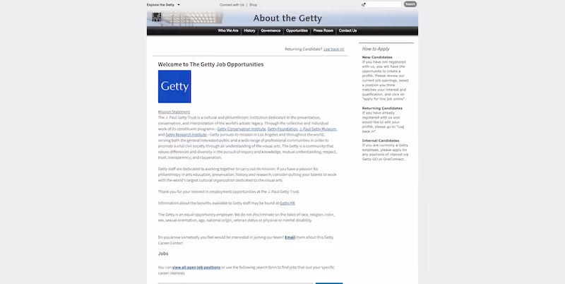 Screenshot of the official career page of Getty