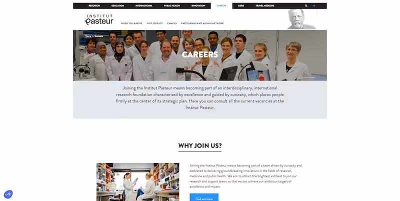 Screenshot of the official career page of Institut Pasteur