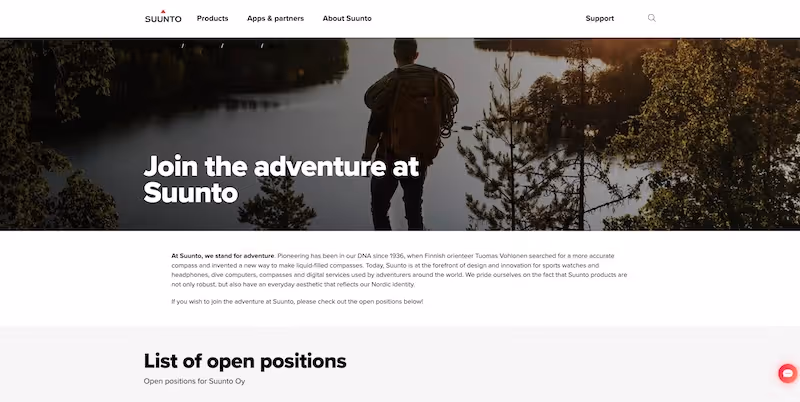 Screenshot of the official career page of Suunto