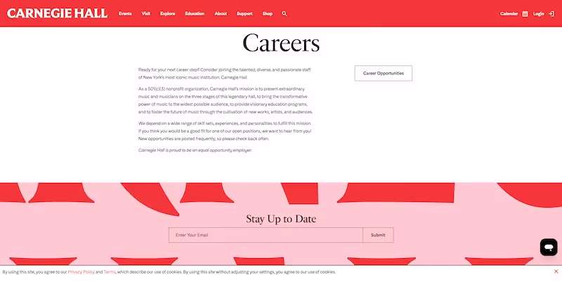 Screenshot of the official career page of Carnegie Hall