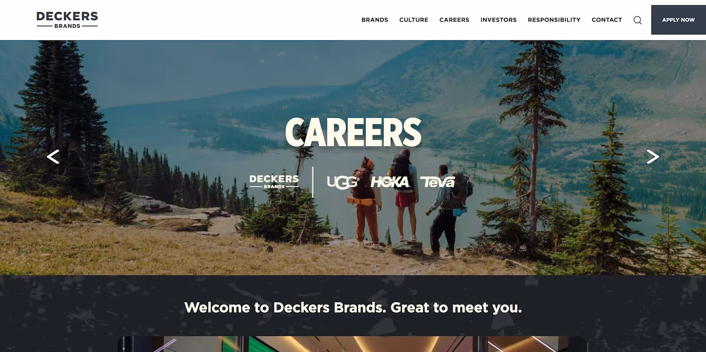 Screenshot of the official career page of Deckers Brands