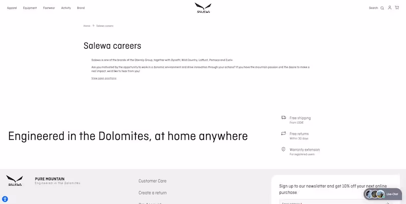 Screenshot of the official career page of Salewa
