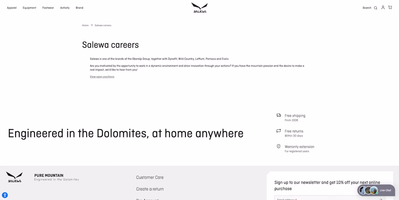 Screenshot of the official career page of Salewa