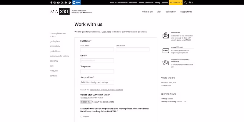 Screenshot of the official career page of MAXXI