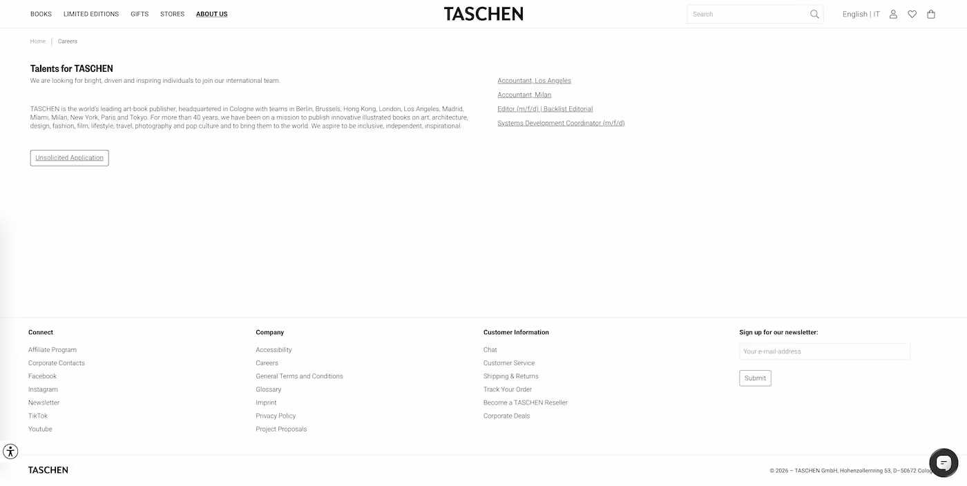 Screenshot of the official career page of Taschen