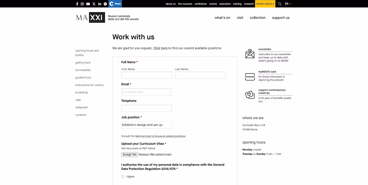 Screenshot of the official career page of MAXXI