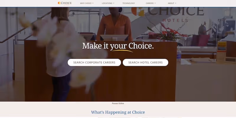 Screenshot of the official career page of Choice Hotels