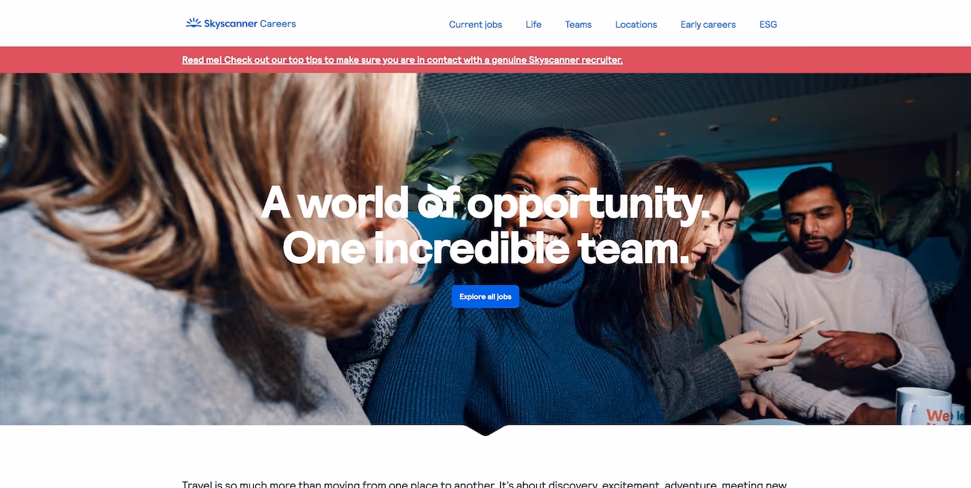 Screenshot of the official career page of Skyscanner