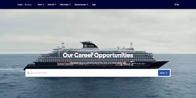 Screenshot of the official career page of MSC Cruises