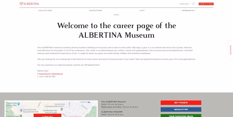 Screenshot of the official career page of ALBERTINA Museum