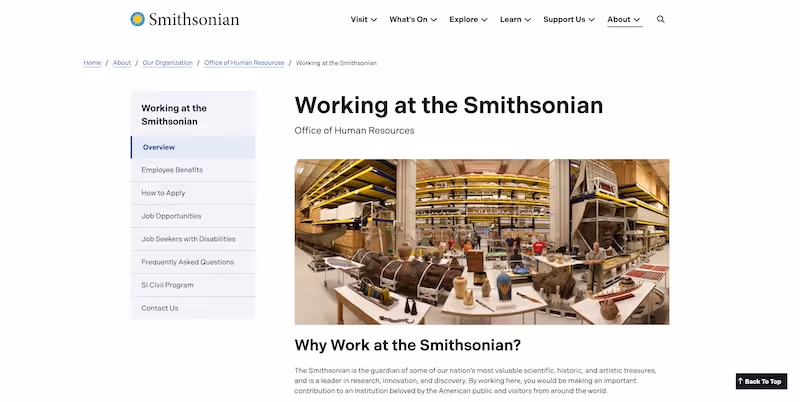 Screenshot of the official career page of Smithsonian Institution