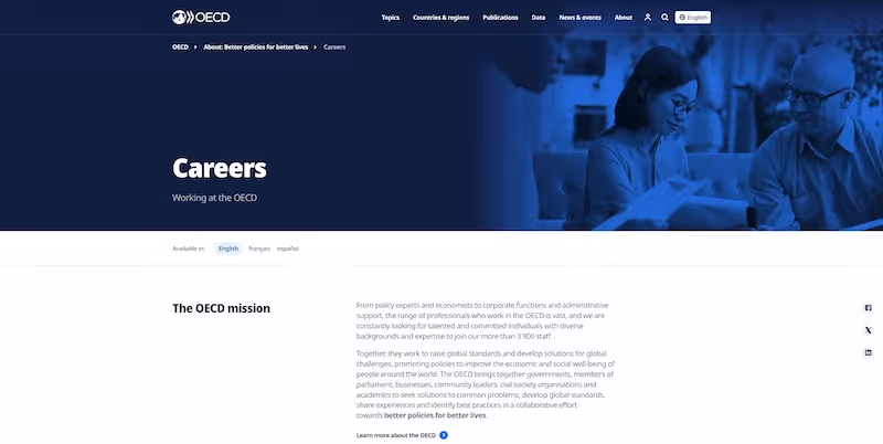 Screenshot of the official career page of Organisation for Economic Co-operation and Development