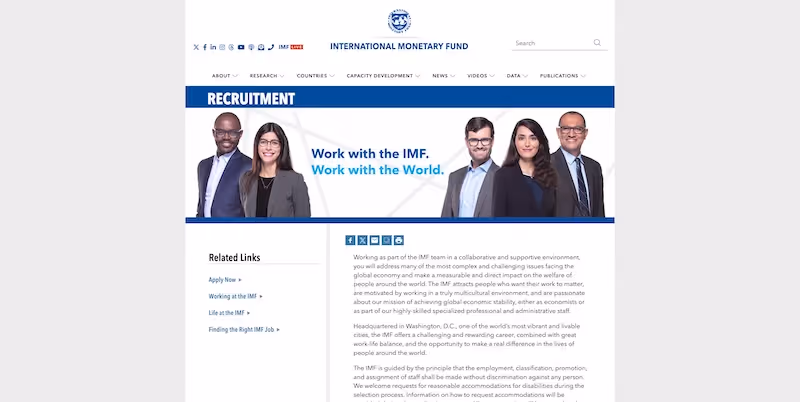 Screenshot of the official career page of International Monetary Fund