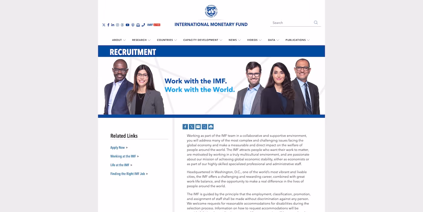 Screenshot of the official career page of International Monetary Fund