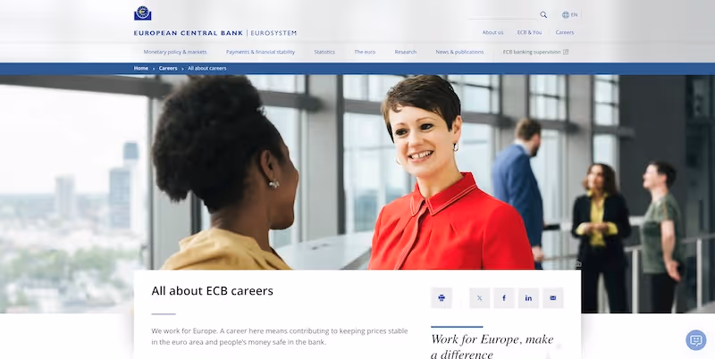 Screenshot of the official career page of European Central Bank