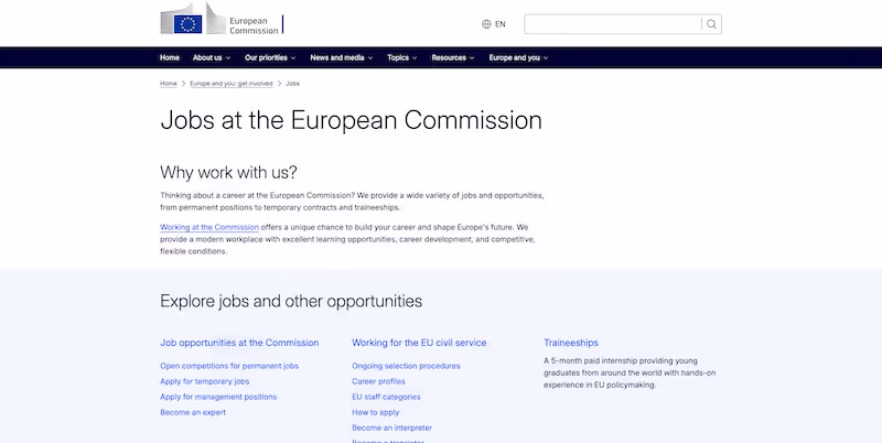 Screenshot of the official career page of European Commission