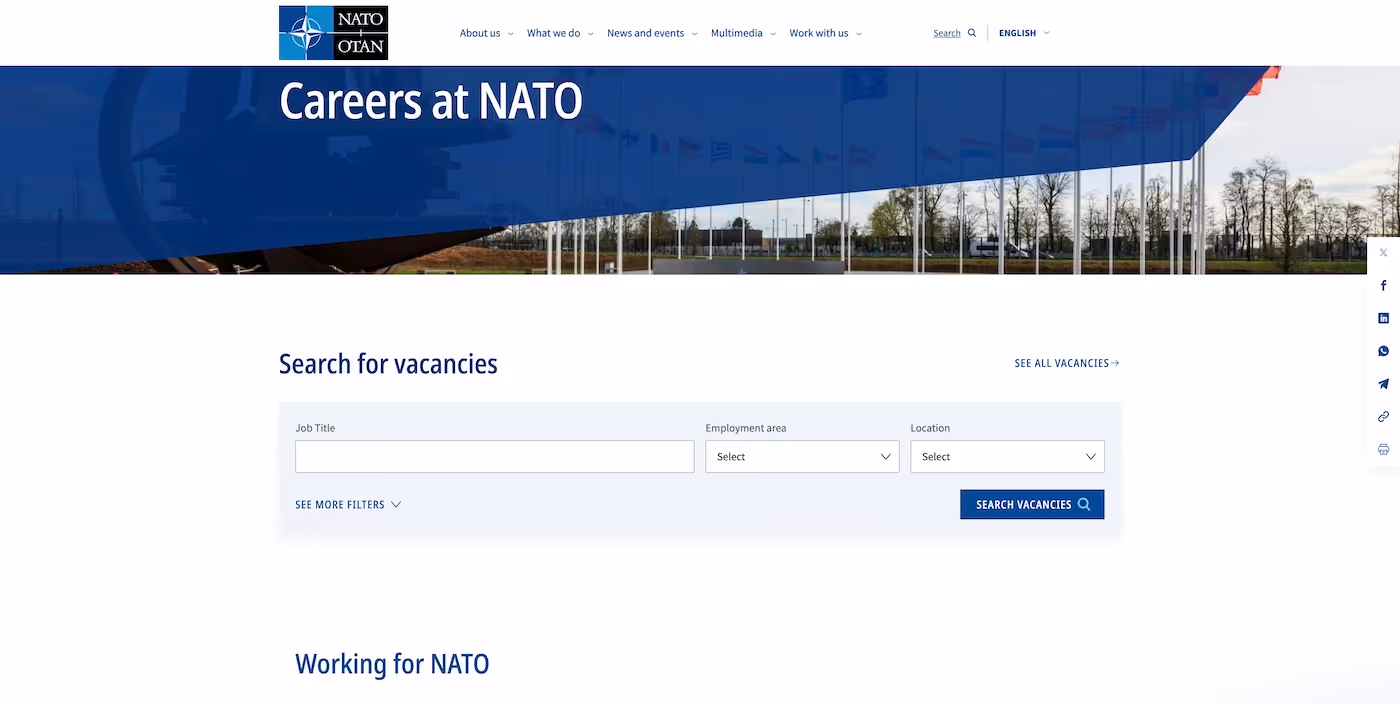 Screenshot of the official career page of NATO