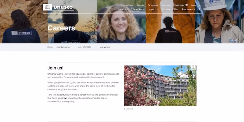 Screenshot of the official career page of UNESCO