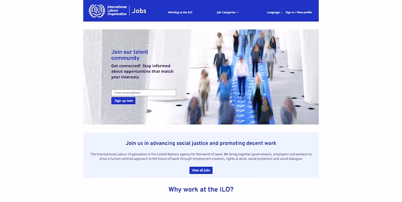 Screenshot of the official career page of International Labour Organization (ILO)