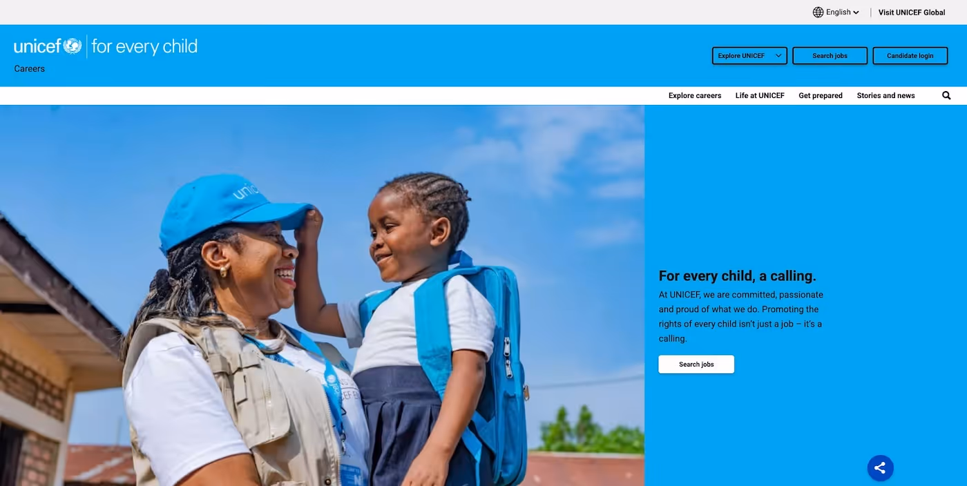 Screenshot of the official career page of UNICEF