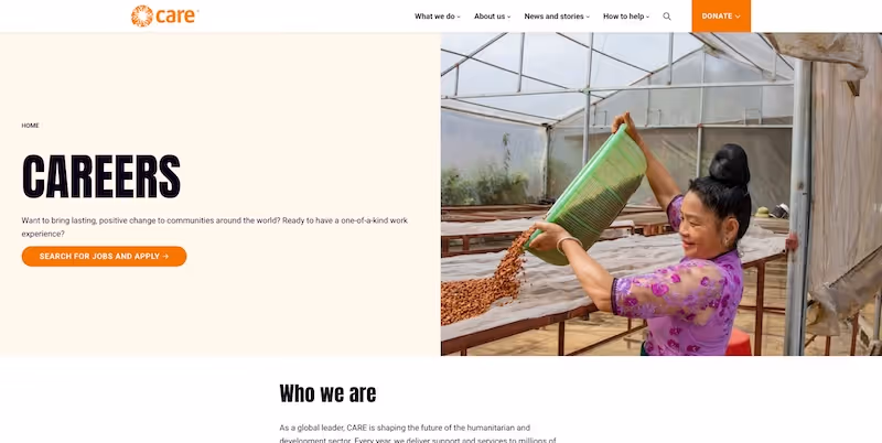 Screenshot of the official career page of CARE