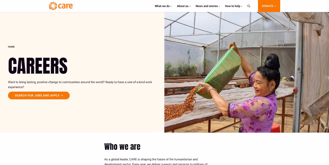 Screenshot of the official career page of CARE