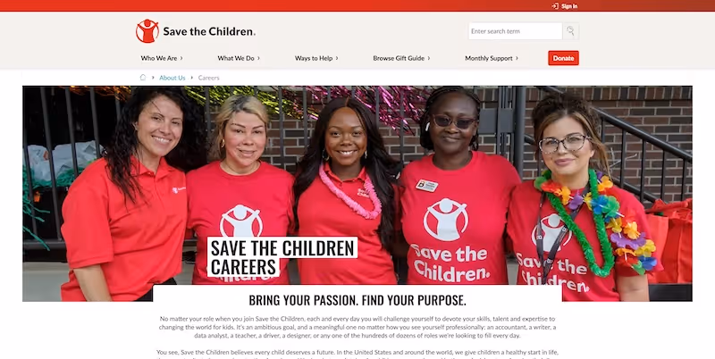 Screenshot of the official career page of Save the Children