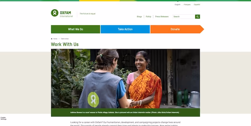 Screenshot of the official career page of Oxfam