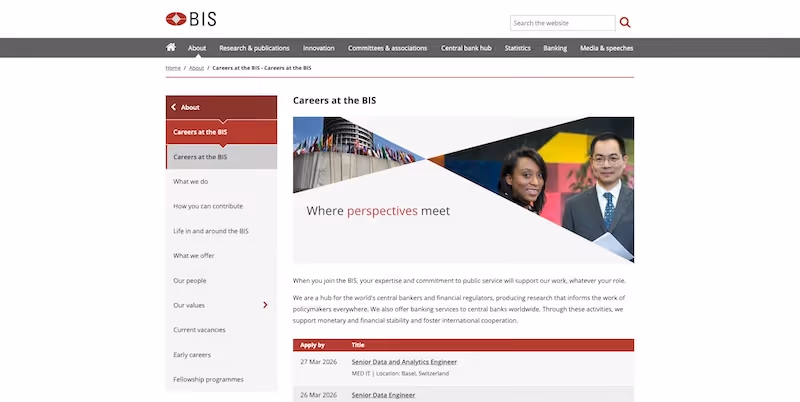 Screenshot of the official career page of Bank for International Settlements