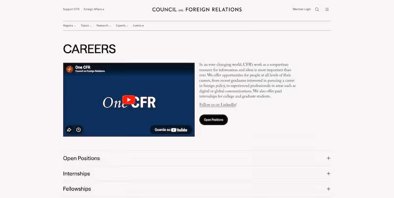 Screenshot of the official career page of Council on Foreign Relations (CFR)