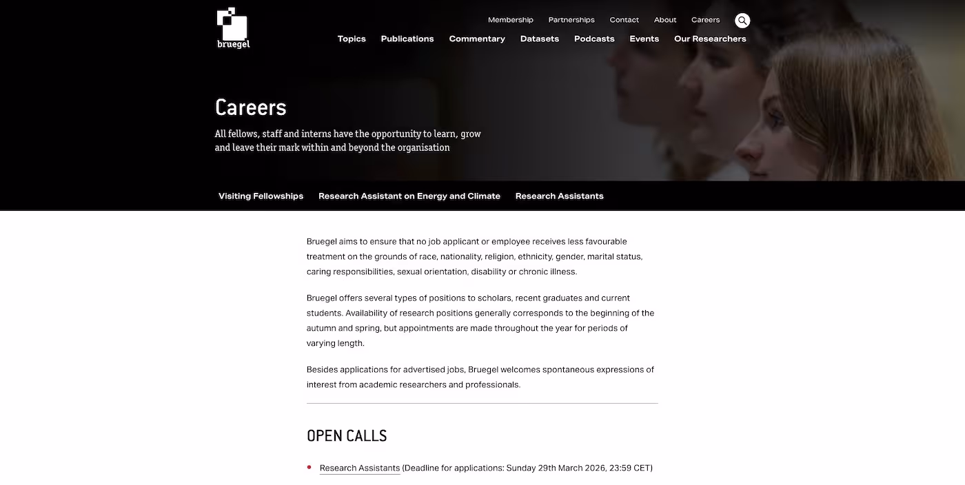Screenshot of the official career page of Bruegel