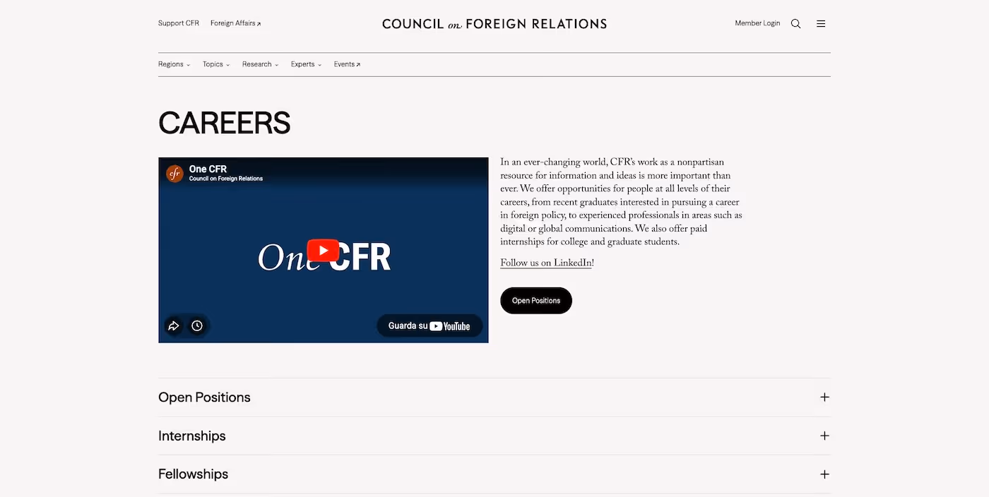 Screenshot of the official career page of Council on Foreign Relations (CFR)