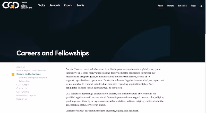 Screenshot of the official career page of Center for Global Development