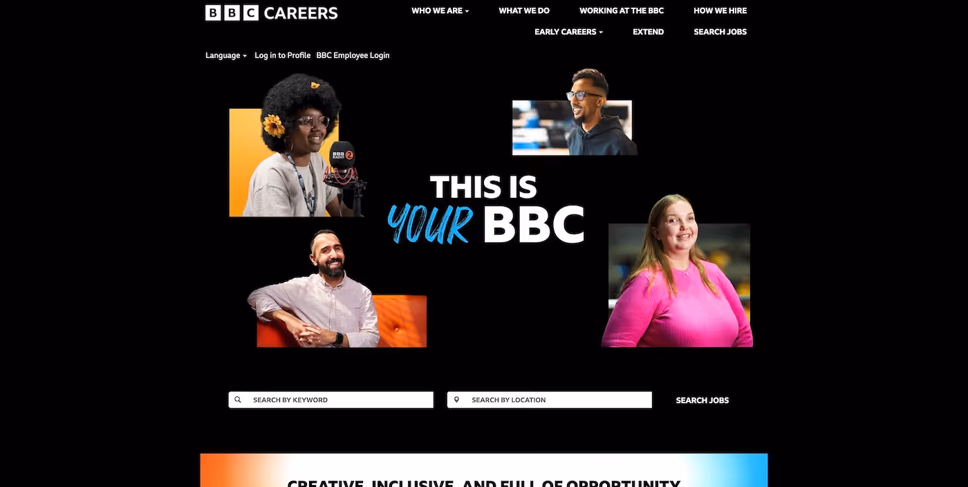 Screenshot of the official career page of BBC