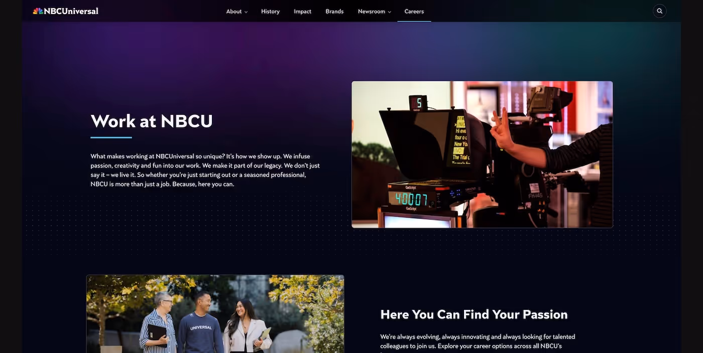 Screenshot of the official career page of NBCUniversal