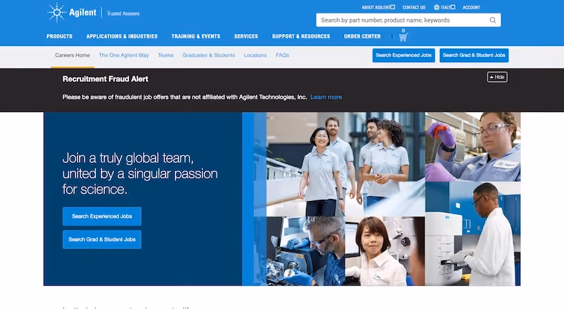 Screenshot of the official career page of Agilent Technologies