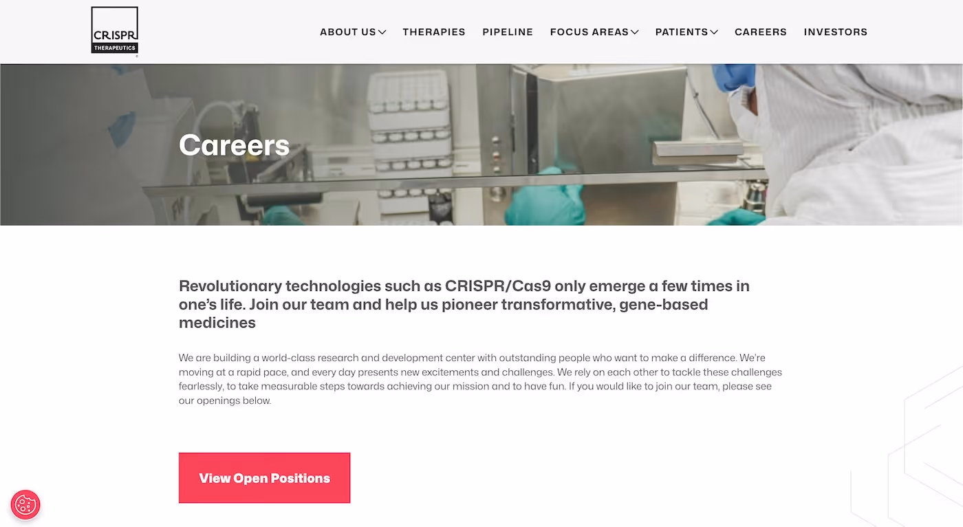 Screenshot of the official career page of CRISPR Therapeutics