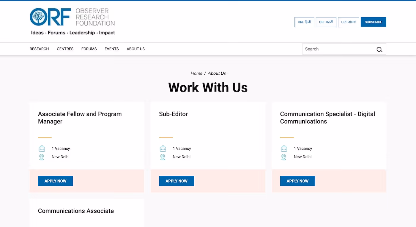 Screenshot of the official career page of Observer Research Foundation (ORF)