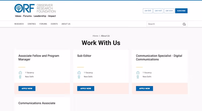Screenshot of the official career page of Observer Research Foundation (ORF)