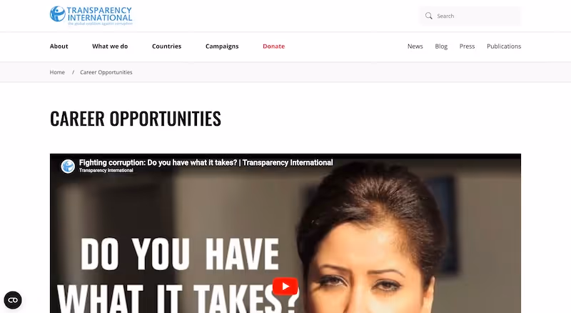 Screenshot of the official career page of Transparency International
