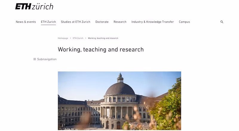 Screenshot of the official career page of ETH Zurich