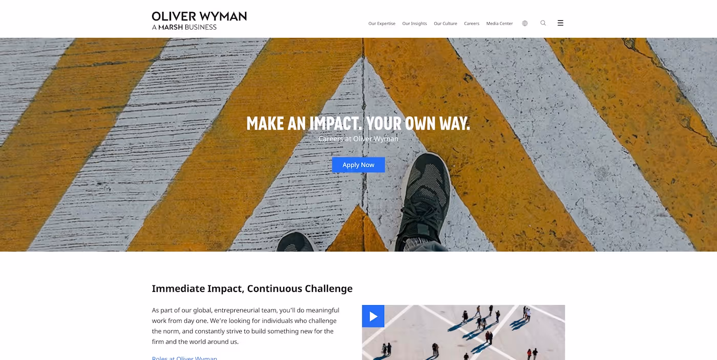 Screenshot of the official career page of Oliver Wyman